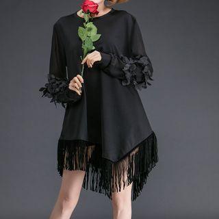 Flower Applique Fringe Hem Long-sleeve Top