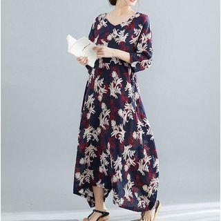 Printed 3/4-sleeve Maxi Shift Dress