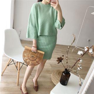 Plain Knit Top + Suspender Skirt Set