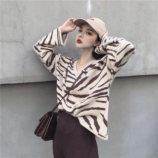 V-neck Tiger Print Sweater As Shown In Figure - One Size