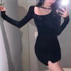 Long-sleeve Cold-shoulder Bow Back Mini Sheath Dress