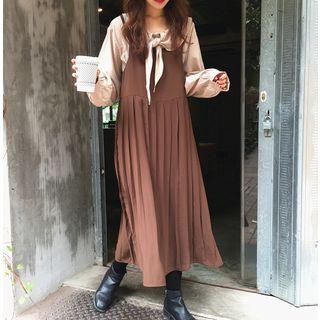 Long Sleeves Blouse / Pleated Midi Jumper Dress