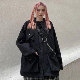 Asymmetric Collared Front Pocket Button Jacket