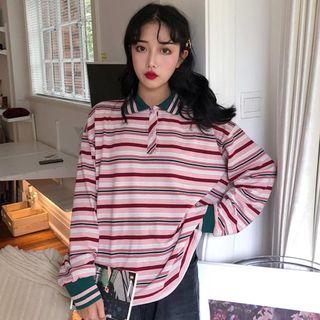Striped Long-sleeve Polo Shirt As Shown In Figure - One Size