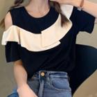 Two-tone Panel Asymmetrical Cold-shoulder Top Black - One Size