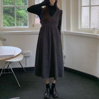 High-neck Plain Long-sleeve Top / V-neck Ruffle Jumper Skirt