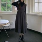 High-neck Plain Long-sleeve Top / V-neck Ruffle Jumper Skirt