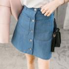 Dual-pocket Buttoned A-line Denim Mini Skirt