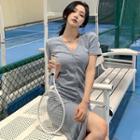 Short-sleeve Button-up Midi Dress Gray - One Size