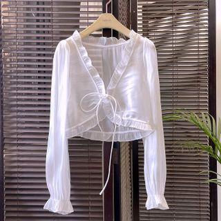 Ruffle Trim Tie-strap Cropped Light Jacket White - One Size