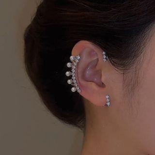 Faux Pearl Rhinestone Alloy Cuff Earring 1 Pc - Silver - One Size