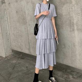 Short-sleeve Layered Pleated Dress