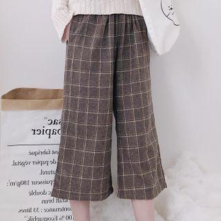 Plaid Cropped Wide-leg Pants Plaid - Coffee - One Size