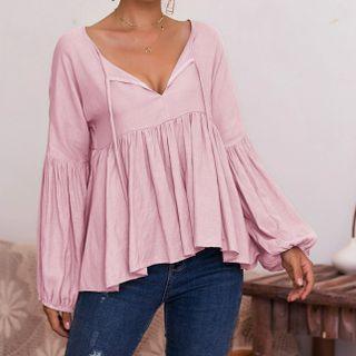 Puff Sleeve V-neck Tie-front Blouse