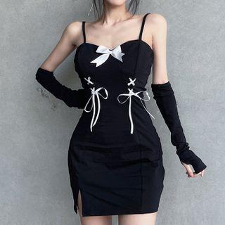 Set: Spaghetti Strap Lace-up Bodycon Dress + Arm Sleeves