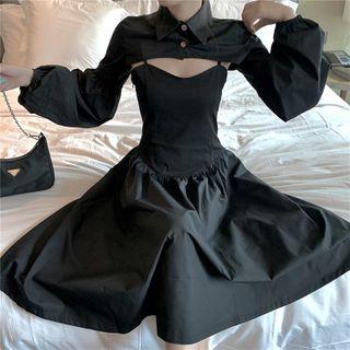 Puff-sleeve Crop Blouse / Plain Spaghetti-strap Midi Dress