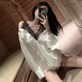 Mock Two Piece Lace Panel Shirt White - One Size