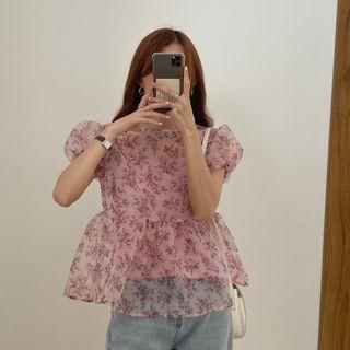 Set: Floral Short-sleeve Top + Camisole Top