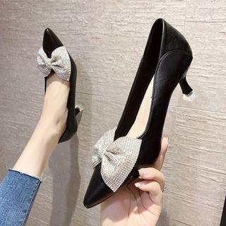 Pointed Rhinestone Bow Kitten Heel Pumps