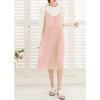Spaghetti-strap Buttoned Pleated Midi Dress