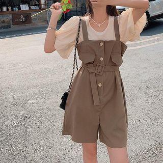 Set: Puff-sleeve Top / Belted Jumper Shorts