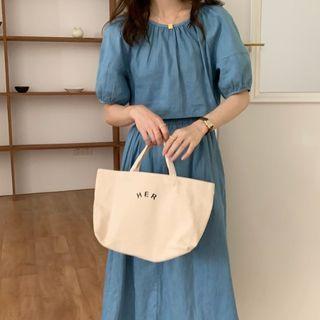Set: Puff-sleeve Denim Shirred Blouse + Midi A-line Skirt