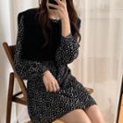Long-sleeve Dotted Midi A-line Dress / Cropped Vest
