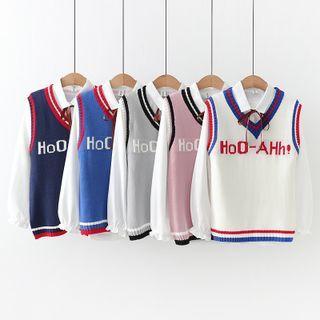 Set: V-neck Lettering Sweater Vest + Ribbon Tie-neck Shirt