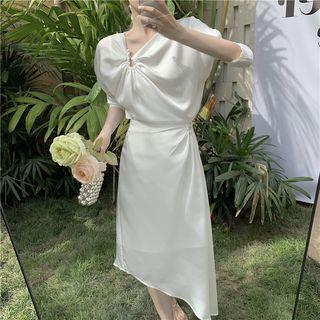 Puff-sleeve Skew Neck Top / Midi Pencil Skirt