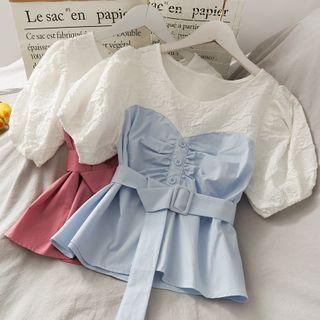 Patchwork Mock Two-piece Blouse With Belt