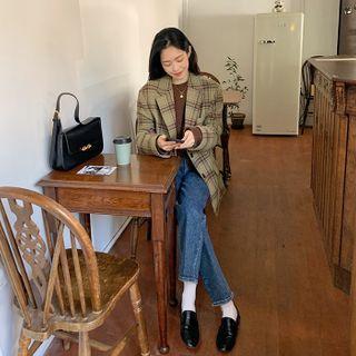 Single-breasted Wool Blend Plaid Blazer Khaki - One Size