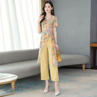 Set: Short-sleeve Irregular Floral Chiffon Blouse + Cropped Wide-leg Pants