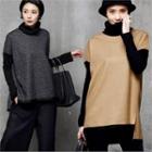 Turtle-neck Color-block Wool Blend Knit Top