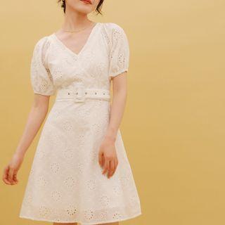 Short-sleeve Eyelet Lace Belted A-line Dress