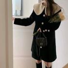 Long-sleeve Collared Two-tone A-line Dress Dress - Black - One Size