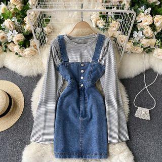 Set 2-piece : Long-sleeve Striped Top + Denim Jumper Skirt