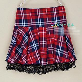 Lace Trim Plaid Pleated Skirt