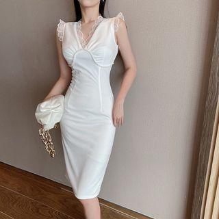 Sleeveless Lace Trim Faux Pearl Sheath Dress
