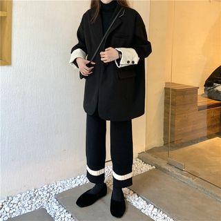 Notch Lapel Button Coat / Turtleneck Long-sleeve Knit Top / Crop Knit Pants