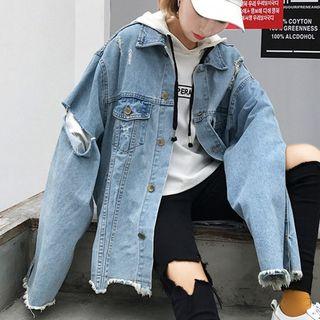 Cut-out Washed Denim Jacket Blue - One Size