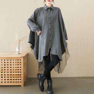 Mesh Panel Striped Oversized Shirt Gray - One Size