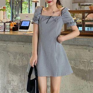Puff-sleeve Plaid Mini A-line Dress Dress - One Size