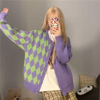 Argyle Panel Cardigan Purple - One Size