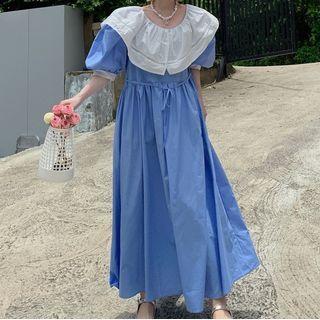 Puff-sleeve Color-block Panel Maxi Dress Blue - One Size
