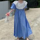 Puff-sleeve Color-block Panel Maxi Dress Blue - One Size
