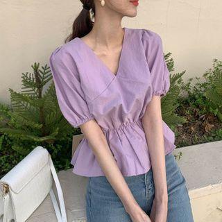 Puff-sleeve V-neck Cropped Blouse