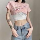 Set: Short-sleeve Lettering Cropped T-shirt + Cropped Camisole Top