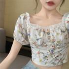 Floral Square-neck Puff-sleeve Cropped Top