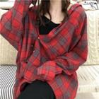 Color-block Check Long-sleeve Loose-fit Shirt Red - One Size