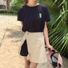 Set : Embroidered Short-sleeve T-shirt + Slit Mini Skirt